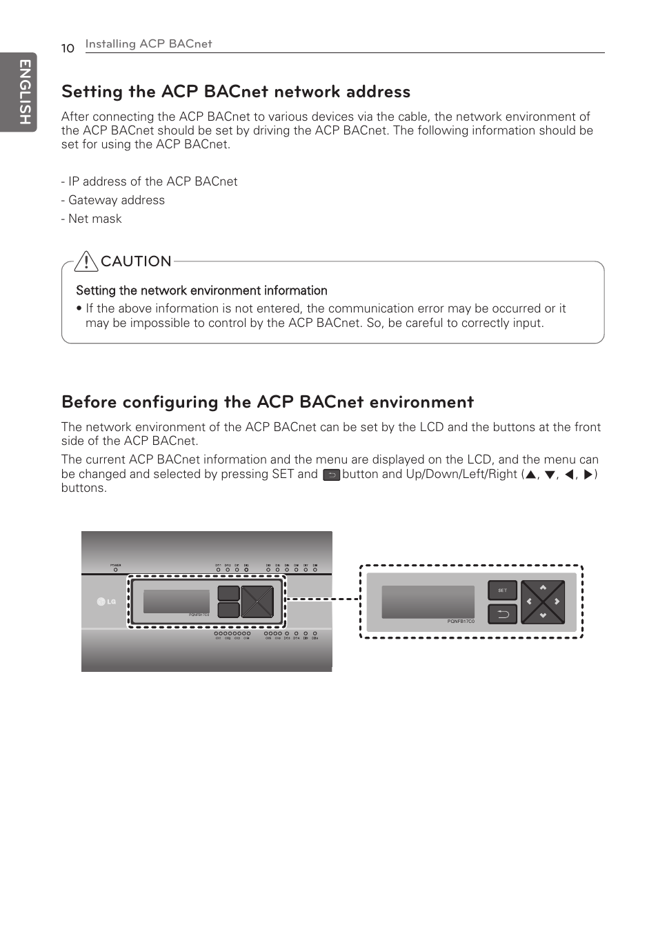 Setting the acp bacnet network address, Before configuring the acp bacnet environment, Caution | English | LG PQNFB17C0 User Manual | Page 10 / 109