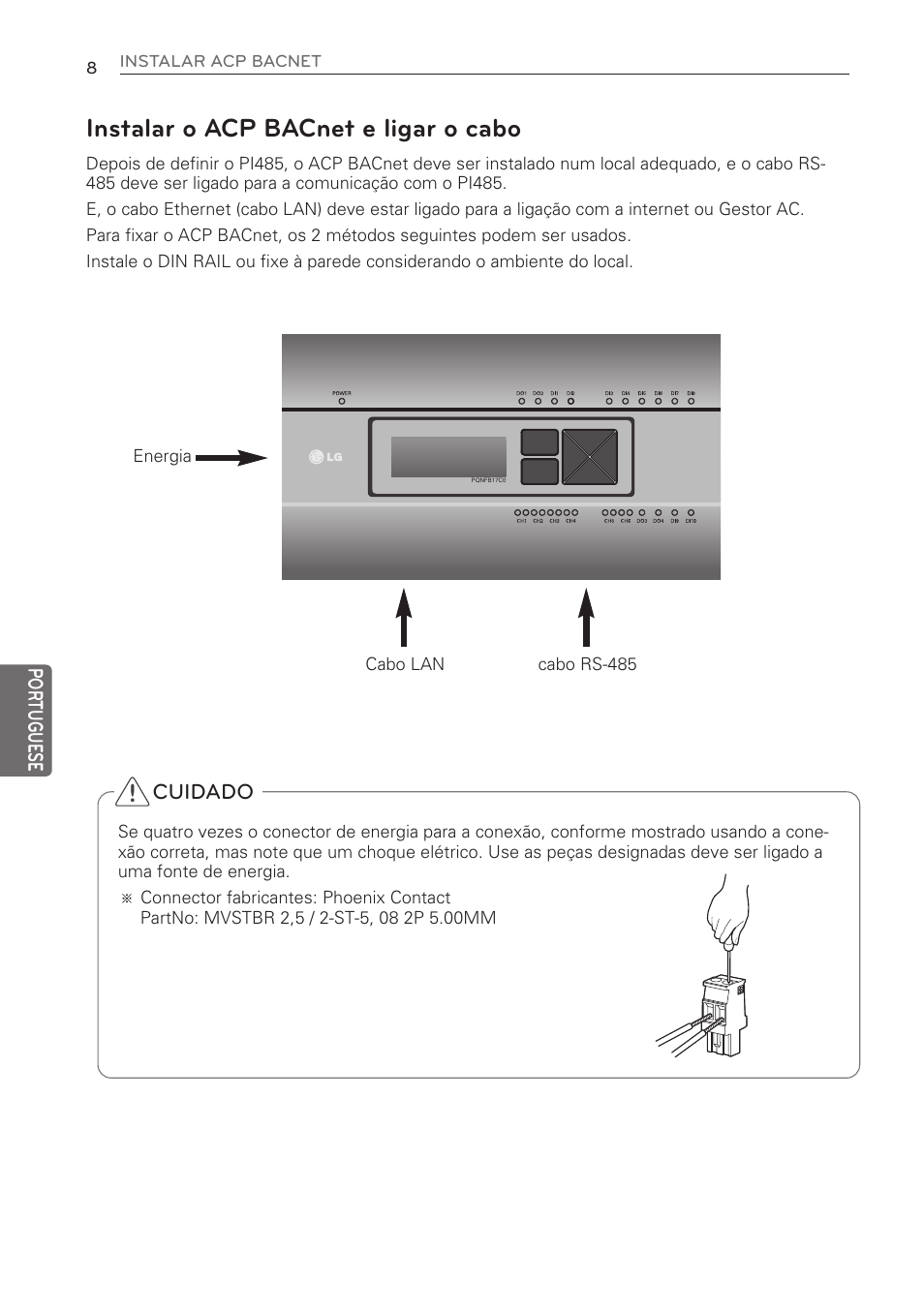 Instalar o acp bacnet e ligar o cabo | LG PQNFB17C0 User Manual | Page 68 / 109