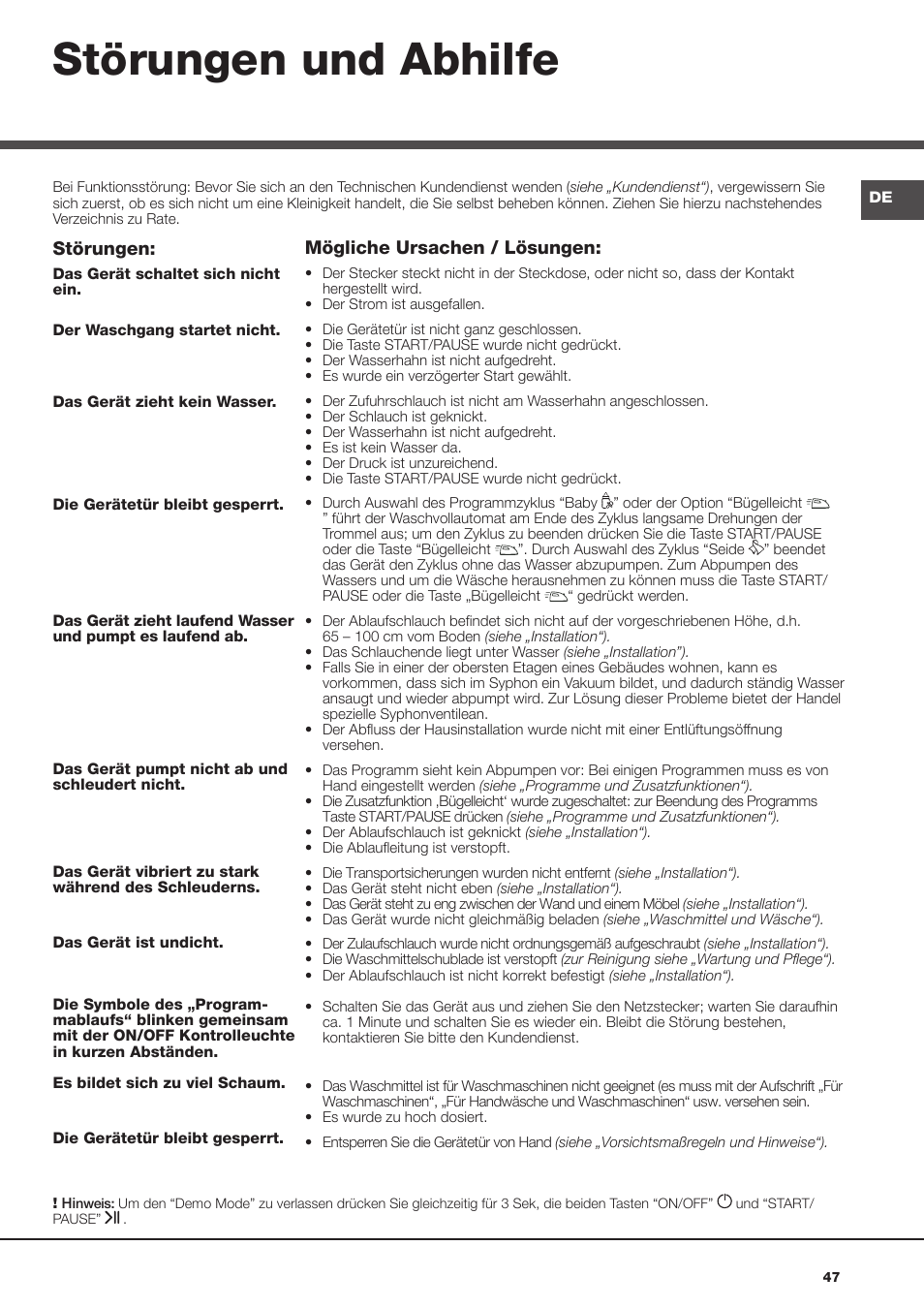 Störungen und abhilfe | Hotpoint Ariston Aqualtis AQ8F 492 U (EU) User Manual | Page 47 / 72