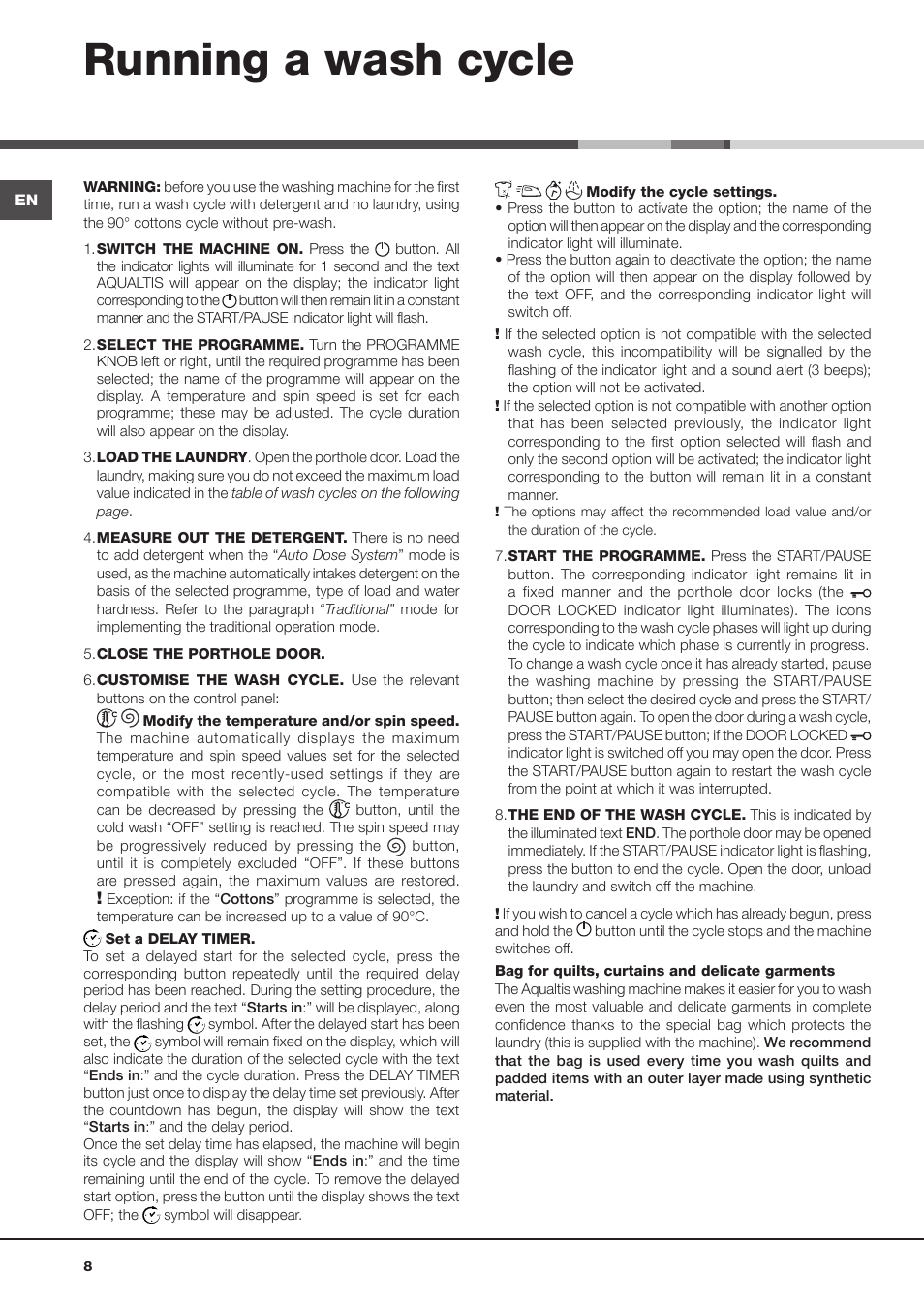 Running a wash cycle | Hotpoint Ariston Aqualtis AQLF9D 692 U (EU)-A User Manual | Page 8 / 80