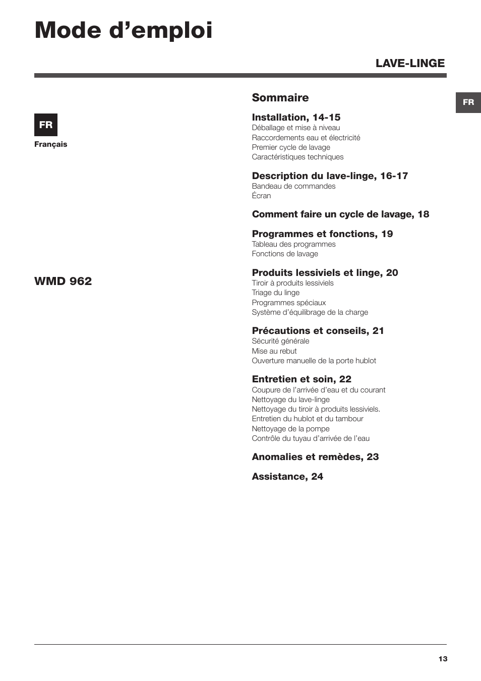 Mode d’emploi | Hotpoint Ariston WMD 962BX SK User Manual | Page 13 / 48