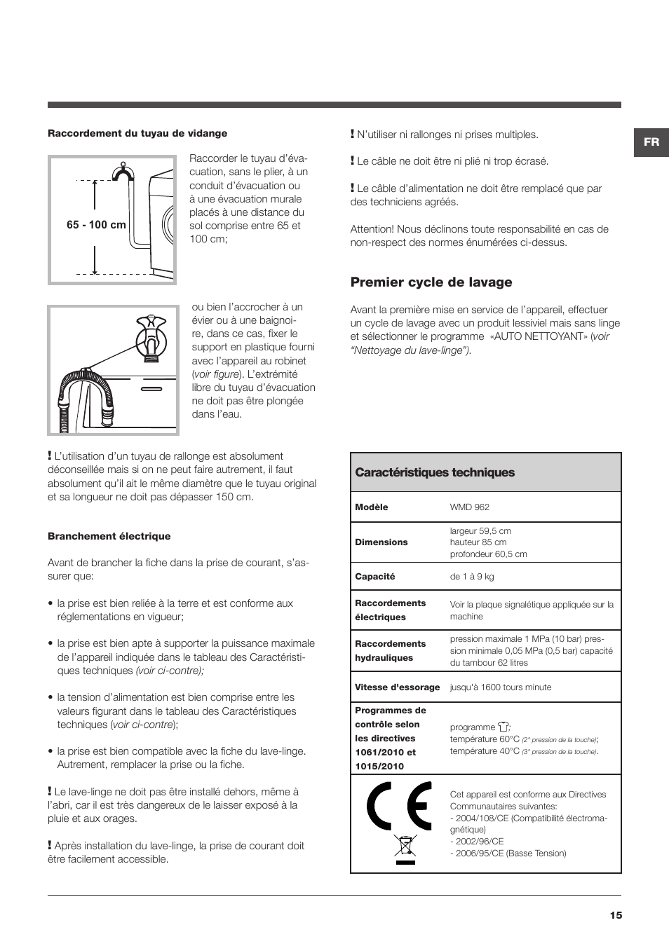 Premier cycle de lavage | Hotpoint Ariston WMD 962BX SK User Manual | Page 15 / 48