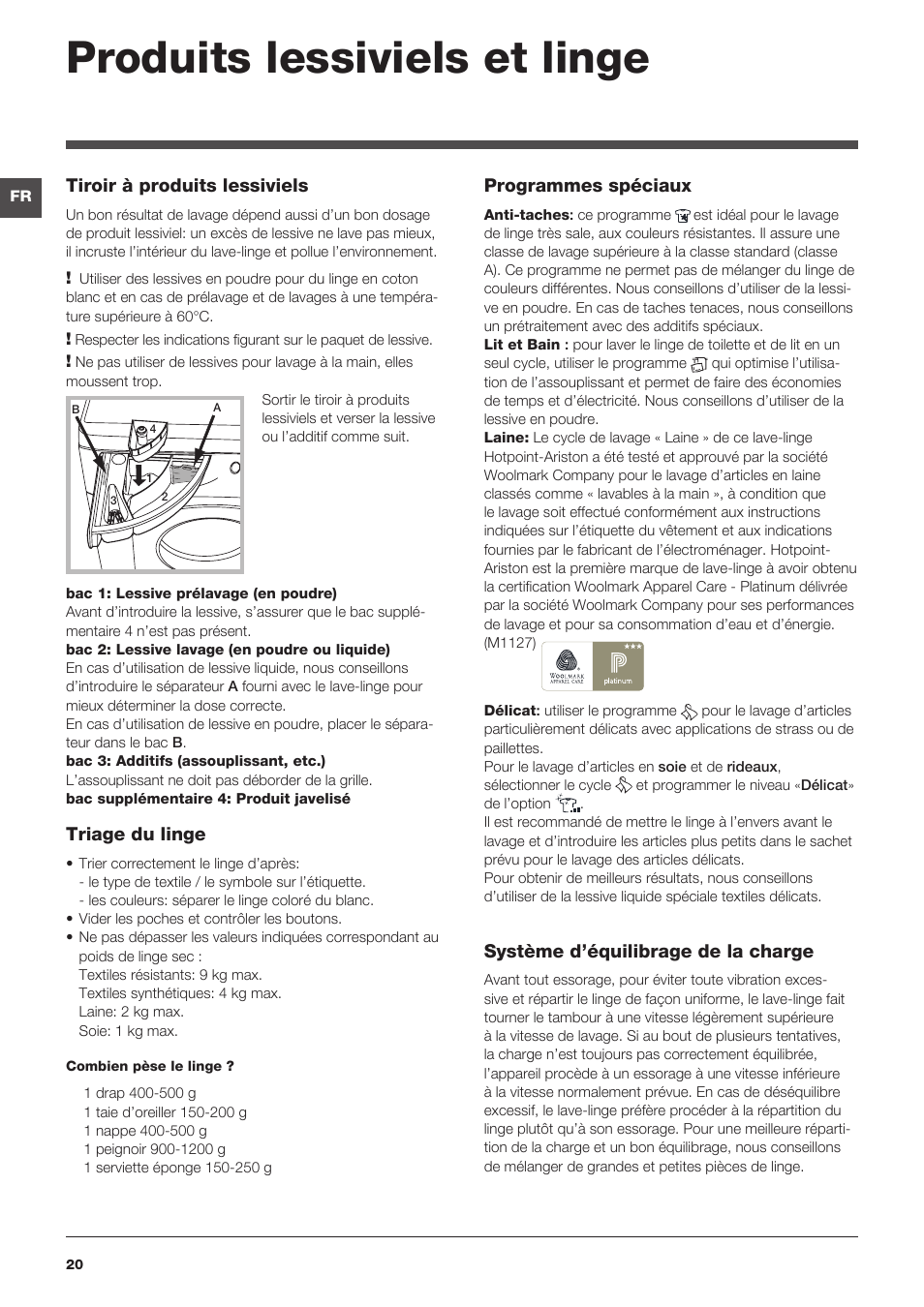 Produits lessiviels et linge, Tiroir à produits lessiviels, Triage du linge | Programmes spéciaux, Système d’équilibrage de la charge | Hotpoint Ariston WMD 962BX SK User Manual | Page 20 / 48