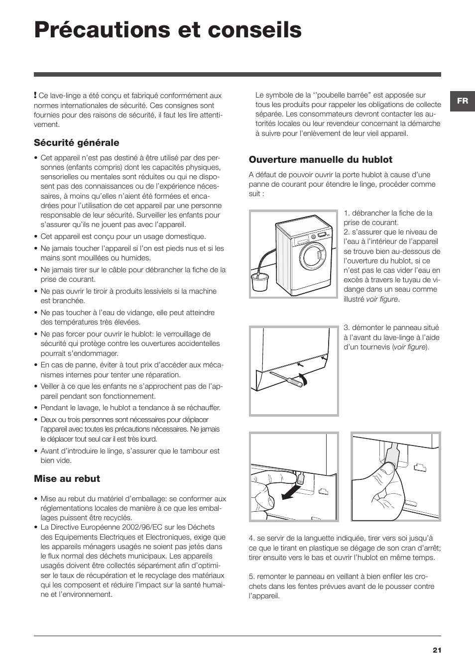 Précautions et conseils | Hotpoint Ariston WMD 962BX SK User Manual | Page 21 / 48