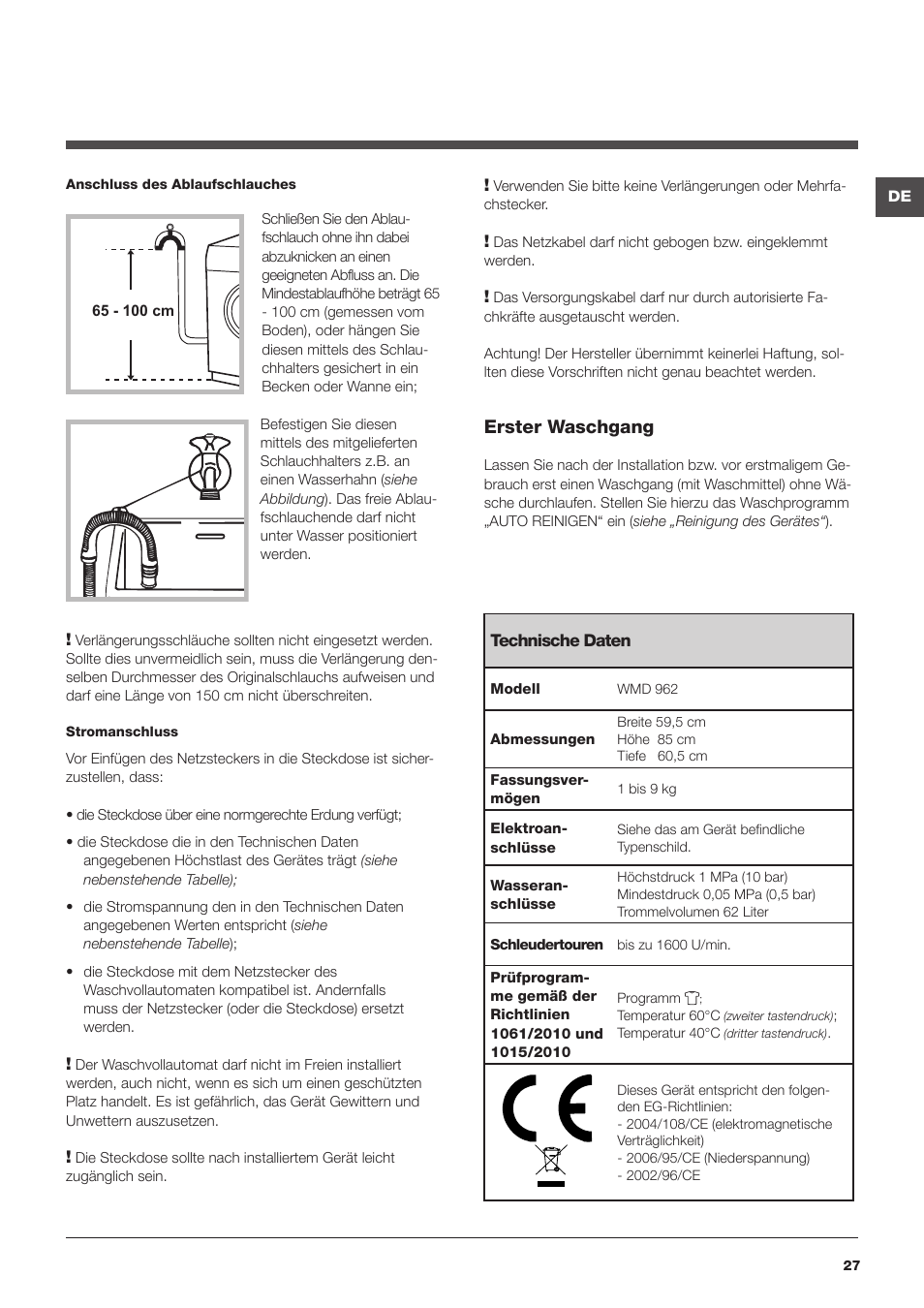Erster waschgang | Hotpoint Ariston WMD 962BX SK User Manual | Page 27 / 48