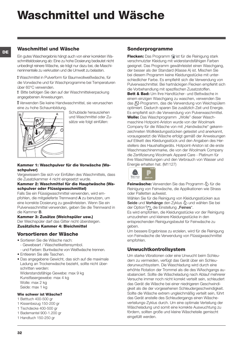 Waschmittel und wäsche, Vorsortieren der wäsche, Sonderprogramme | Unwuchtkontrollsystem | Hotpoint Ariston WMD 962BX SK User Manual | Page 32 / 48