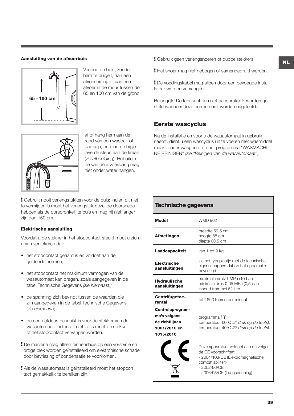 Eerste wascyclus, Technische gegevens | Hotpoint Ariston WMD 962BX SK User Manual | Page 39 / 48