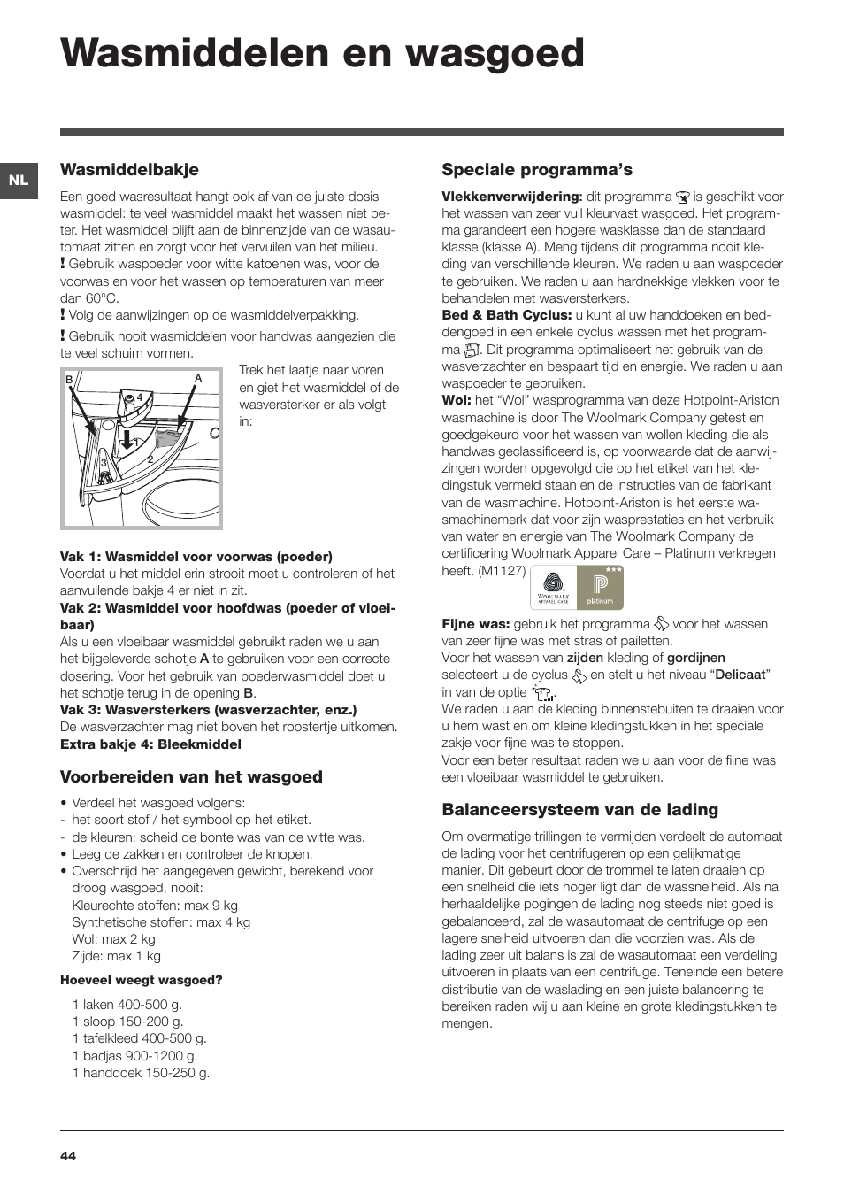 Wasmiddelen en wasgoed | Hotpoint Ariston WMD 962BX SK User Manual | Page 44 / 48