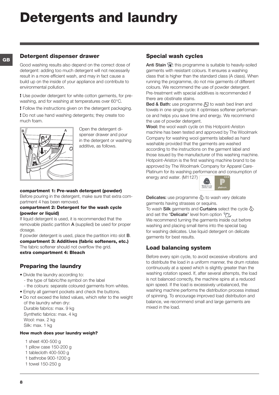 Detergents and laundry, Detergent dispenser drawer, Preparing the laundry | Special wash cycles, Load balancing system | Hotpoint Ariston WMD 962BX SK User Manual | Page 8 / 48