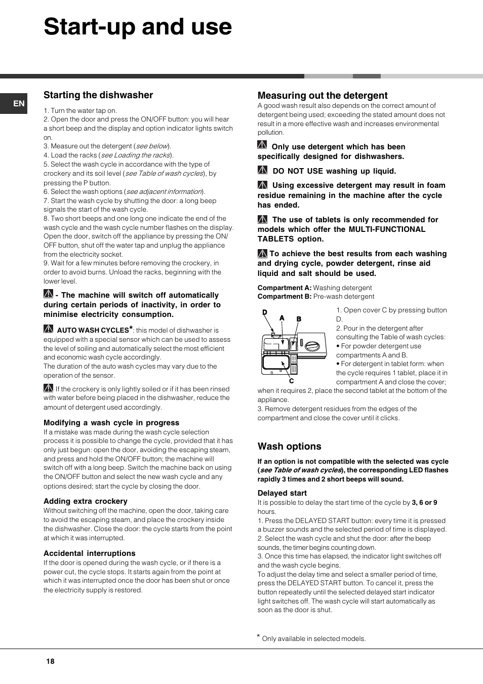Start-up and use, Starting the dishwasher, Measuring out the detergent | Wash options | Hotpoint Ariston LFTA+ 3214 User Manual | Page 18 / 84