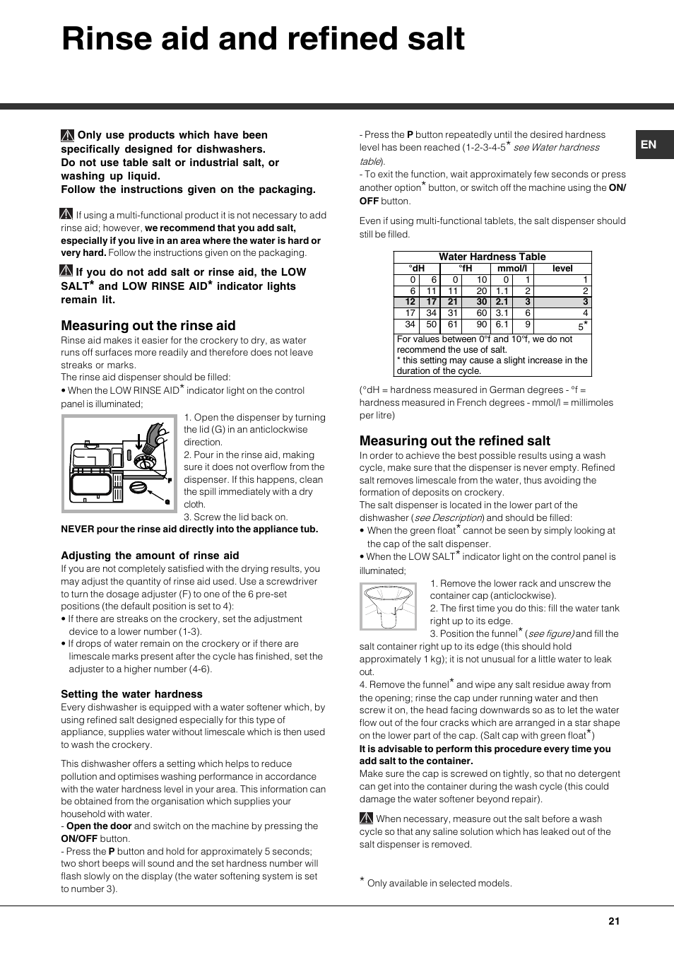 Rinse aid and refined salt, Measuring out the rinse aid, Measuring out the refined salt | Hotpoint Ariston LFTA+ 3214 User Manual | Page 21 / 84