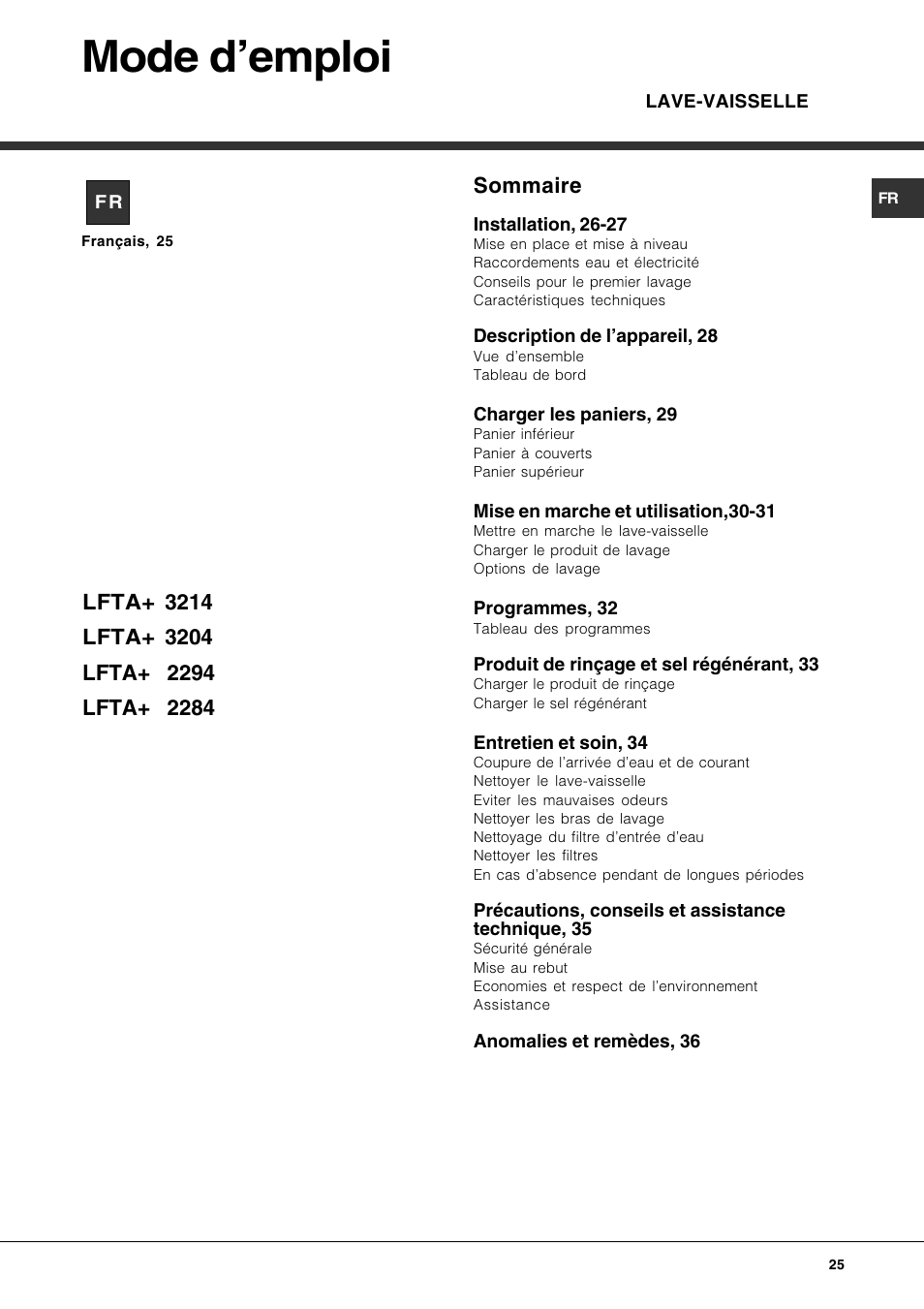 Mode demploi, Sommaire | Hotpoint Ariston LFTA+ 3214 User Manual | Page 25 / 84