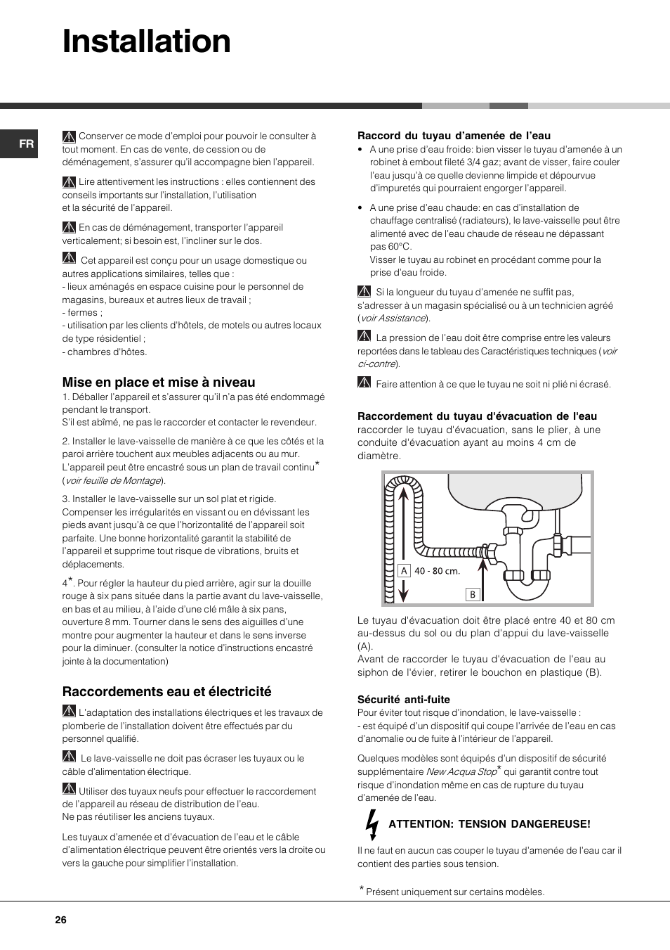 Installation, Mise en place et mise à niveau, Raccordements eau et électricité | Hotpoint Ariston LFTA+ 3214 User Manual | Page 26 / 84
