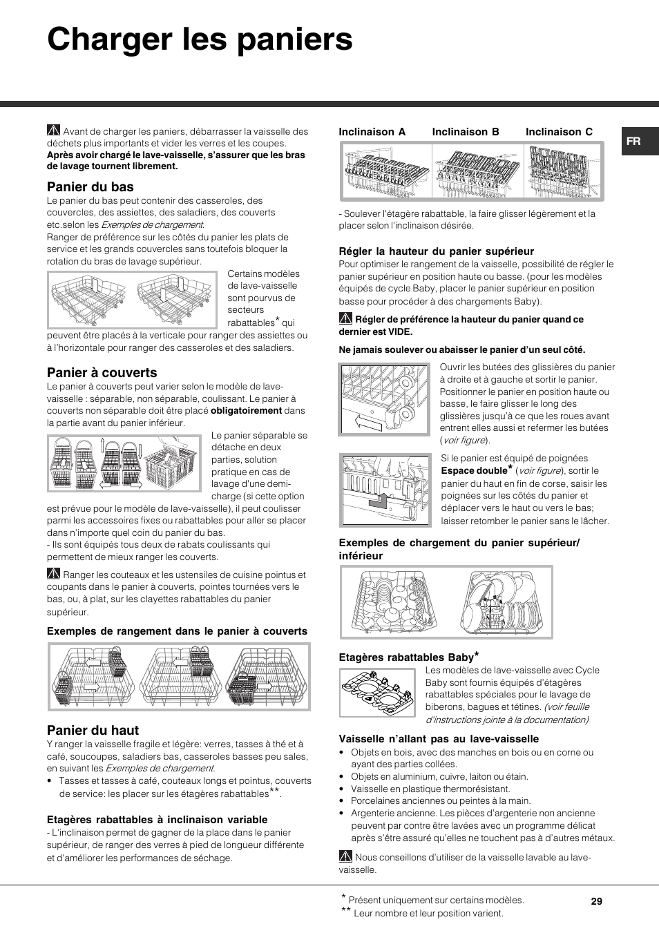 Charger les paniers, Panier du bas, Panier à couverts | Panier du haut | Hotpoint Ariston LFTA+ 3214 User Manual | Page 29 / 84