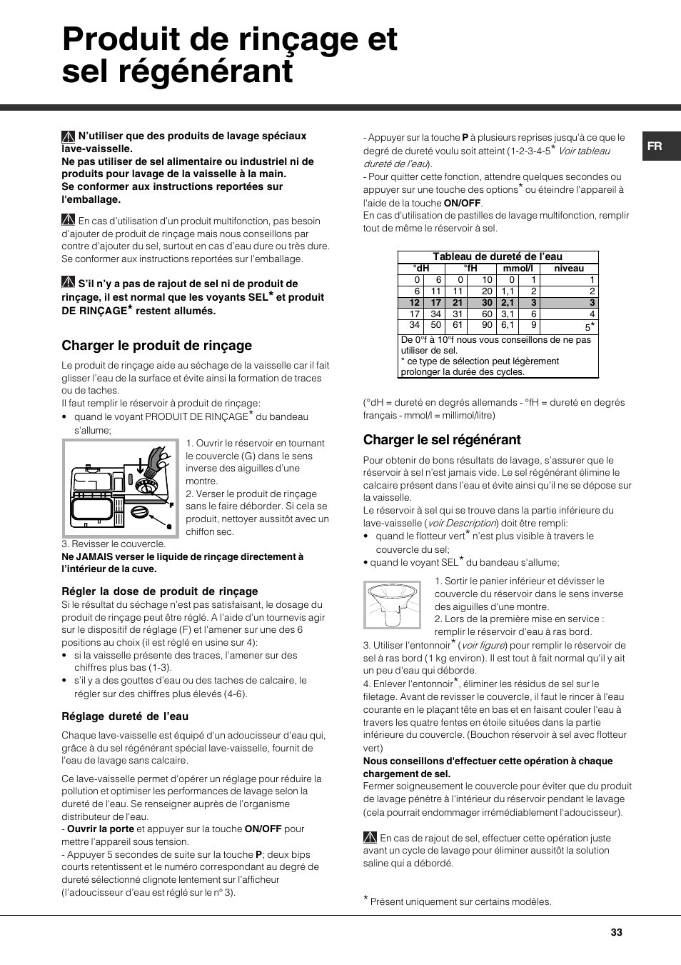 Produit de rinçage et sel régénérant, Charger le produit de rinçage, Charger le sel régénérant | Hotpoint Ariston LFTA+ 3214 User Manual | Page 33 / 84
