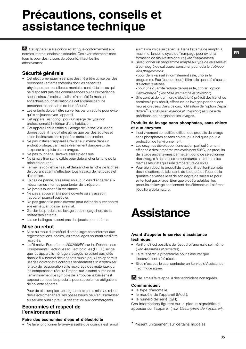 Précautions, conseils et assistance technique, Assistance, Sécurité générale | Mise au rebut, Economies et respect de lenvironnement | Hotpoint Ariston LFTA+ 3214 User Manual | Page 35 / 84