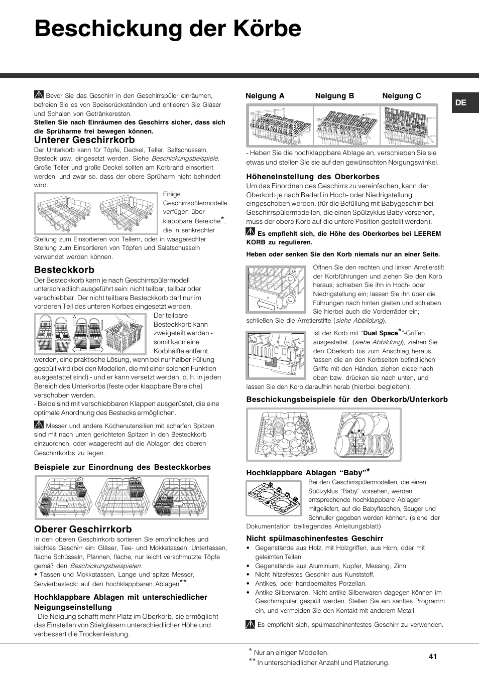 Beschickung der körbe, Unterer geschirrkorb, Besteckkorb | Oberer geschirrkorb | Hotpoint Ariston LFTA+ 3214 User Manual | Page 41 / 84