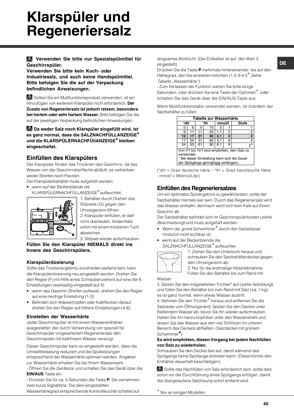 Klarspüler und regeneriersalz, Einfüllen des klarspülers, Einfüllen des regeneriersalzes | Hotpoint Ariston LFTA+ 3214 User Manual | Page 45 / 84