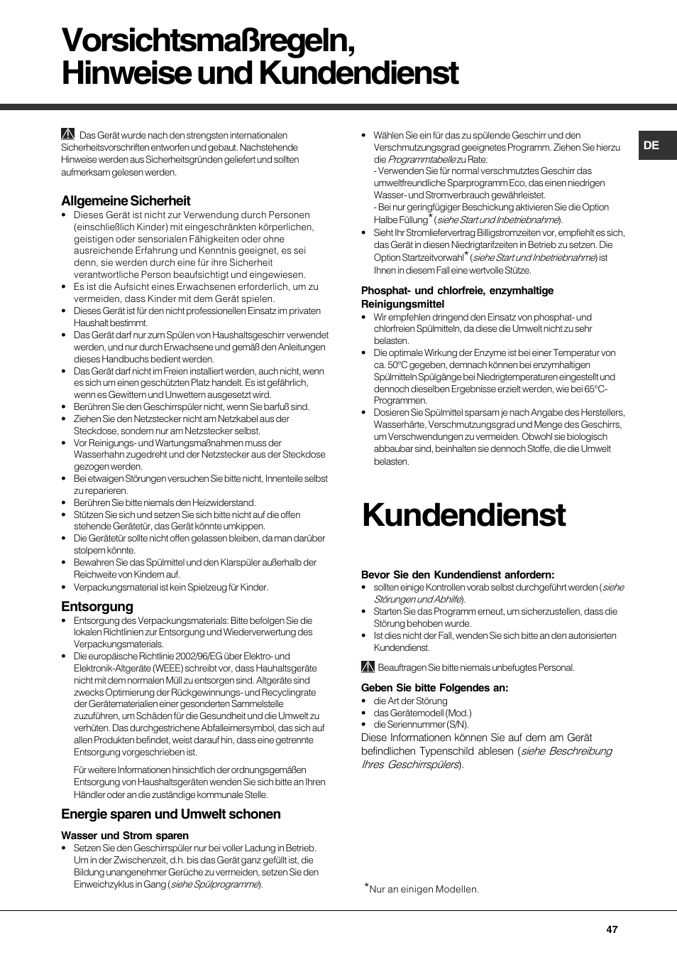 Vorsichtsmaßregeln, hinweise und kundendienst, Kundendienst, Allgemeine sicherheit | Entsorgung, Energie sparen und umwelt schonen | Hotpoint Ariston LFTA+ 3214 User Manual | Page 47 / 84