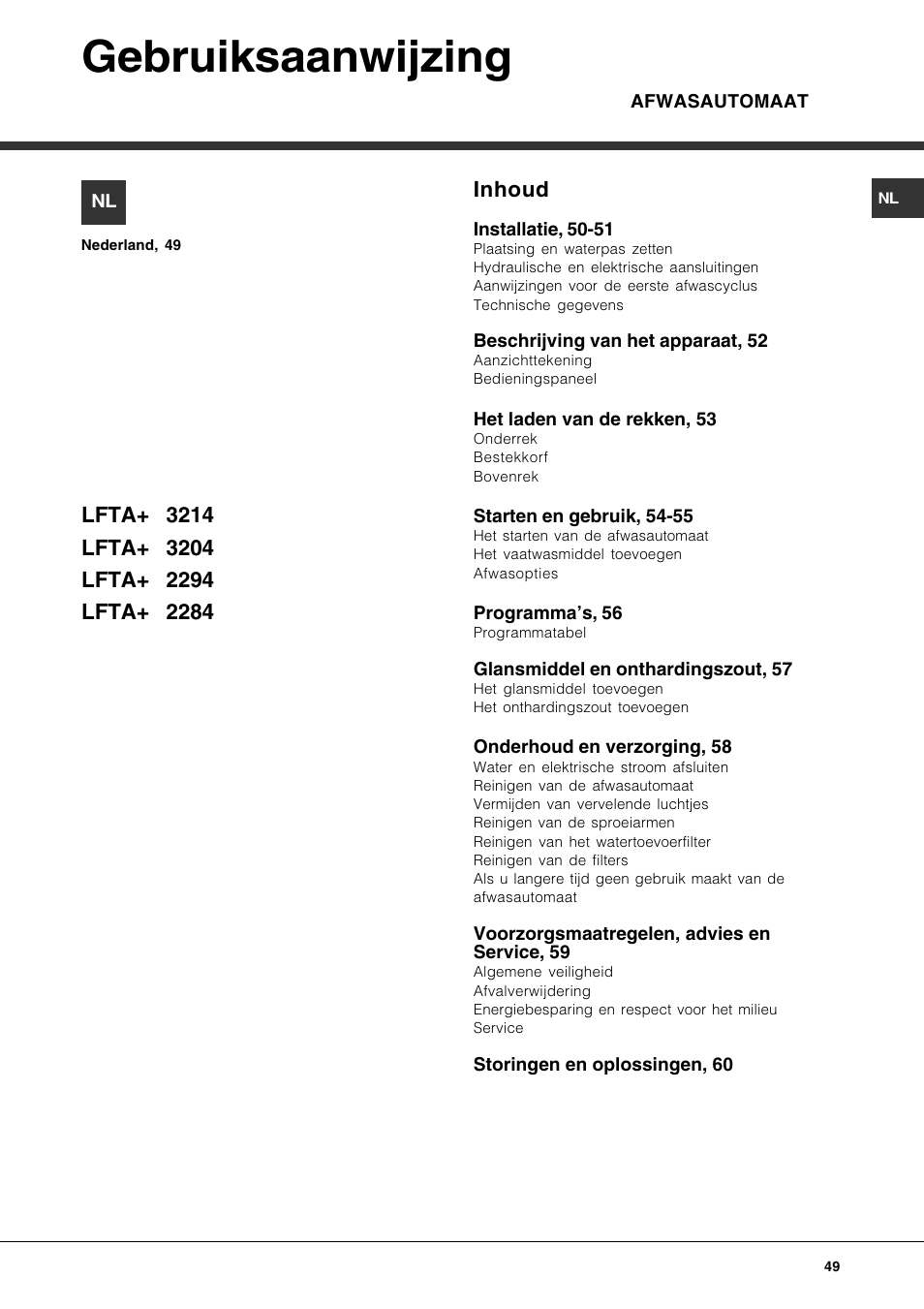Gebruiksaanwijzing, Inhoud | Hotpoint Ariston LFTA+ 3214 User Manual | Page 49 / 84