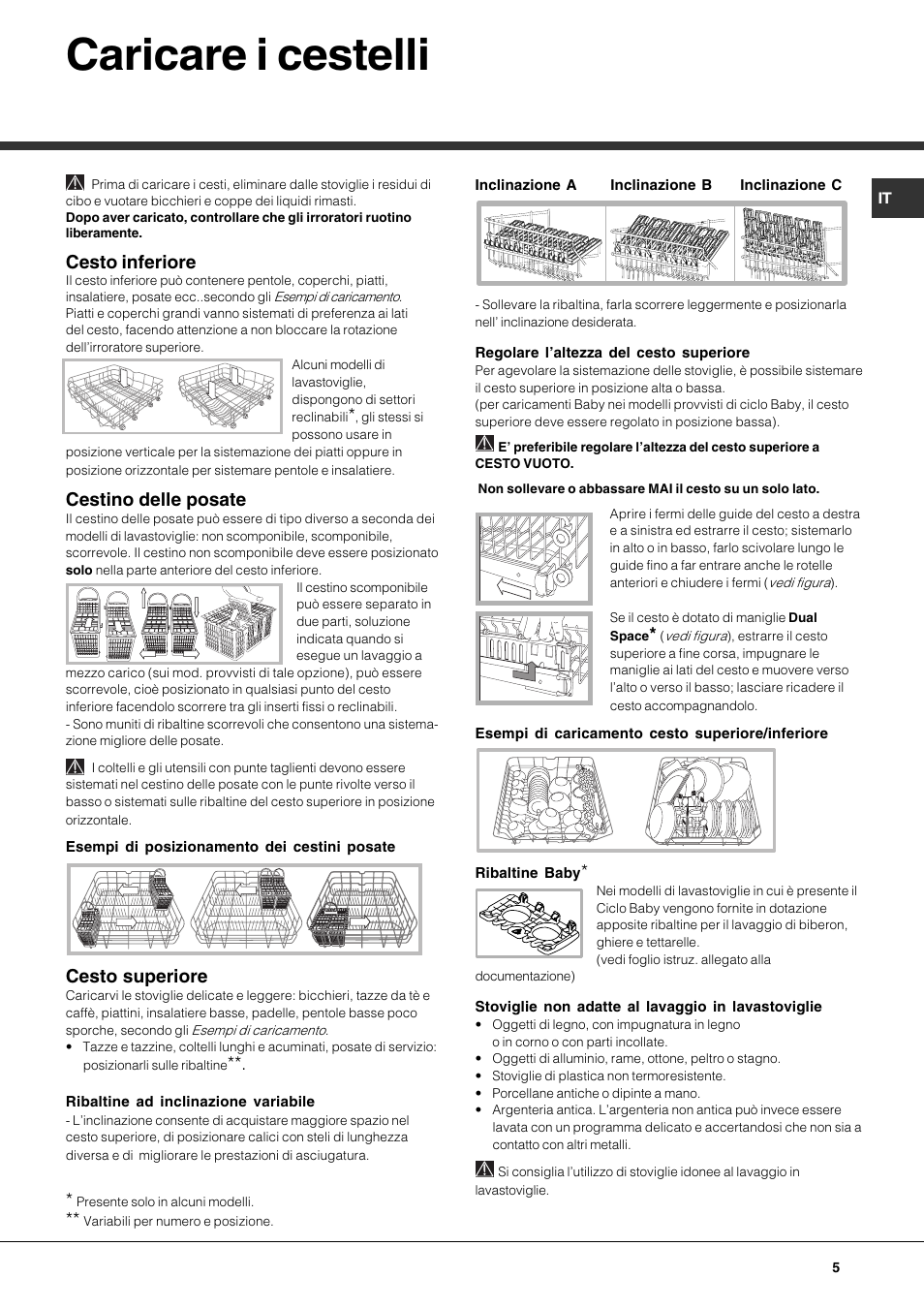 Caricare i cestelli, Cesto inferiore, Cestino delle posate | Cesto superiore | Hotpoint Ariston LFTA+ 3214 User Manual | Page 5 / 84