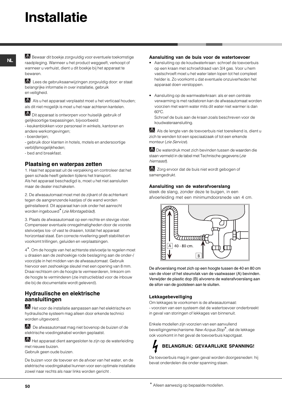 Installatie, Plaatsing en waterpas zetten, Hydraulische en elektrische aansluitingen | Hotpoint Ariston LFTA+ 3214 User Manual | Page 50 / 84