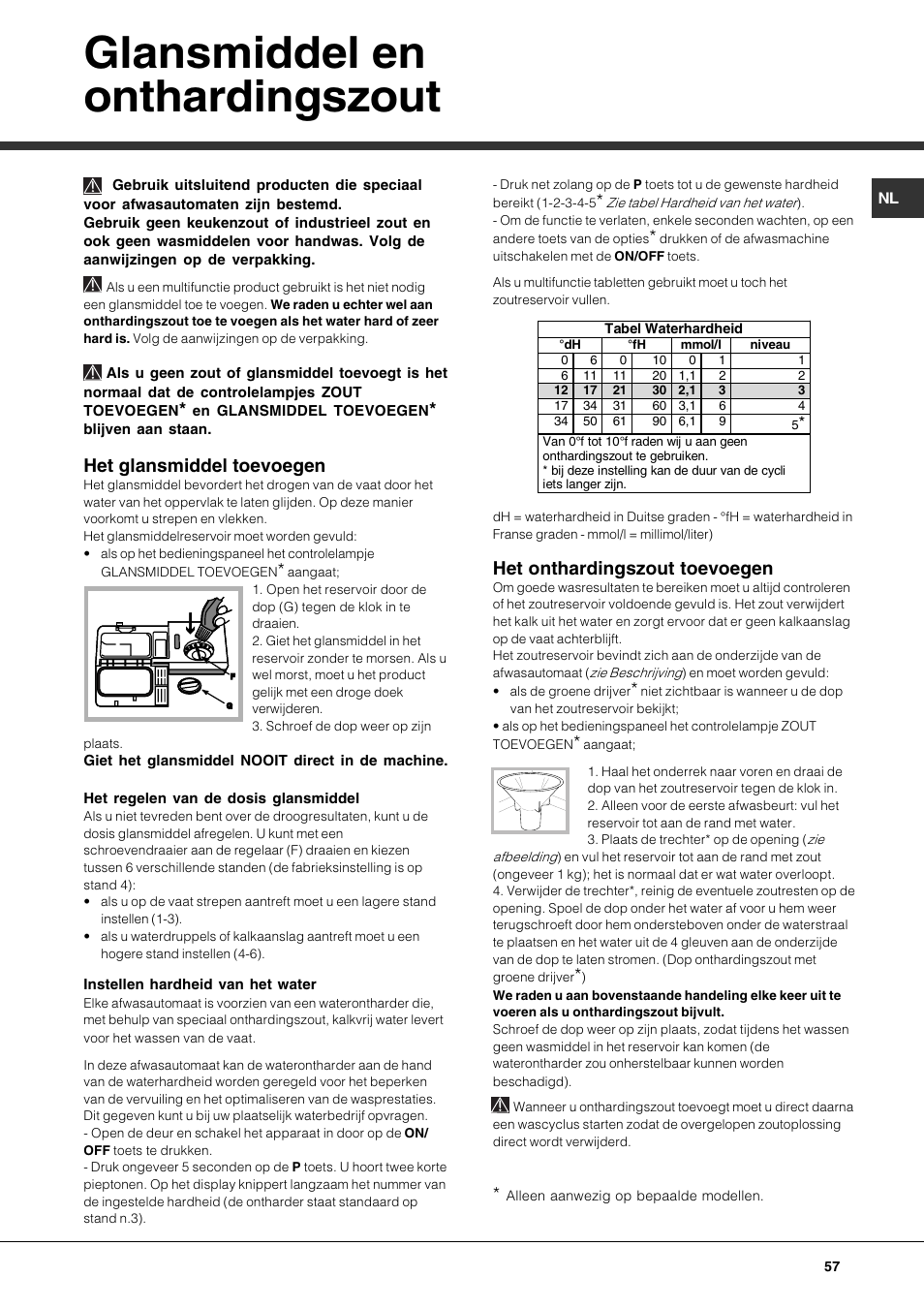 Glansmiddel en onthardingszout, Het glansmiddel toevoegen, Het onthardingszout toevoegen | Hotpoint Ariston LFTA+ 3214 User Manual | Page 57 / 84