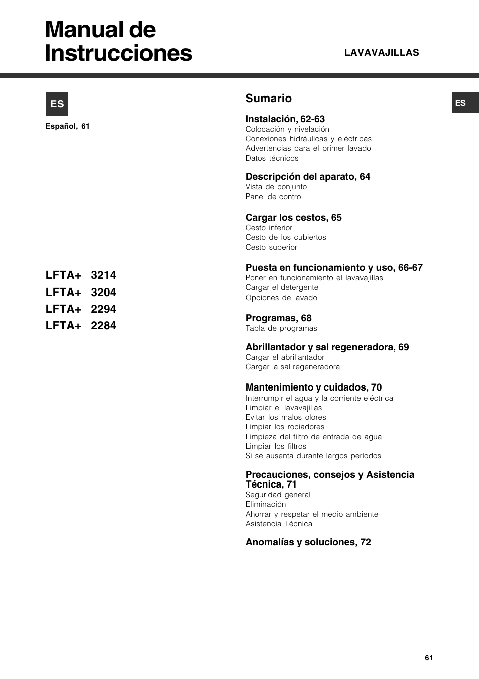 Manual de instrucciones, Sumario | Hotpoint Ariston LFTA+ 3214 User Manual | Page 61 / 84