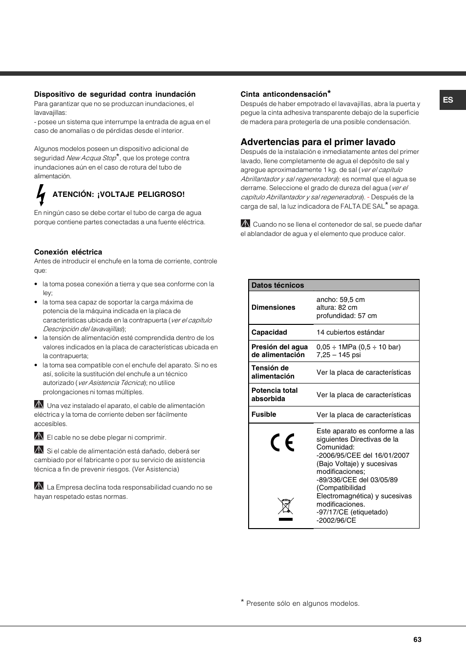 Advertencias para el primer lavado | Hotpoint Ariston LFTA+ 3214 User Manual | Page 63 / 84