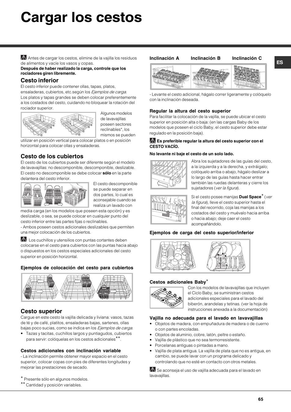 Cargar los cestos, Cesto inferior, Cesto de los cubiertos | Cesto superior | Hotpoint Ariston LFTA+ 3214 User Manual | Page 65 / 84