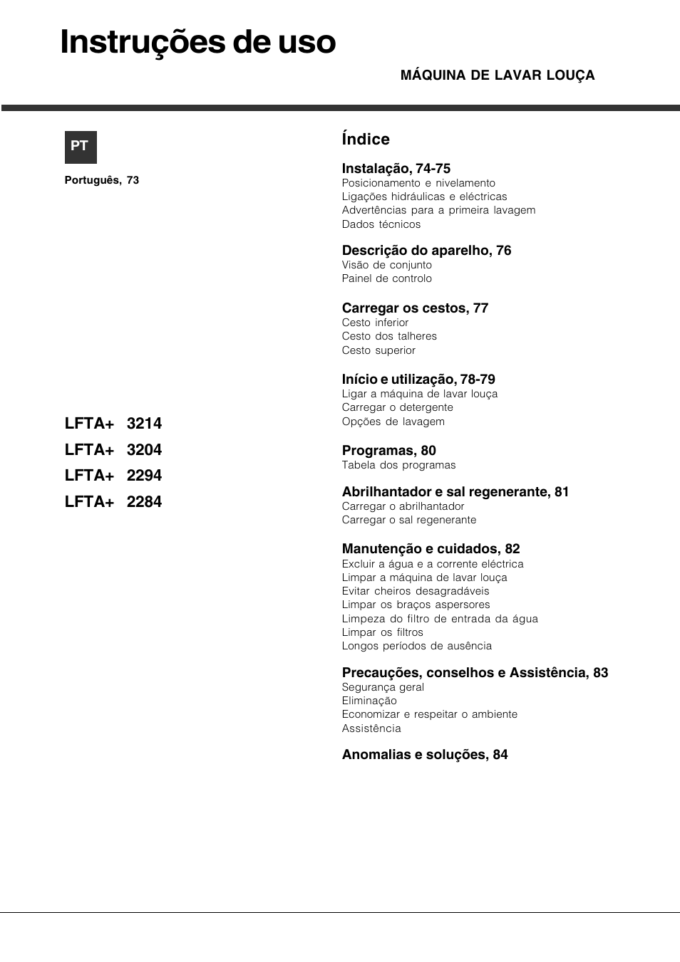 Instruções de uso, Índice | Hotpoint Ariston LFTA+ 3214 User Manual | Page 73 / 84