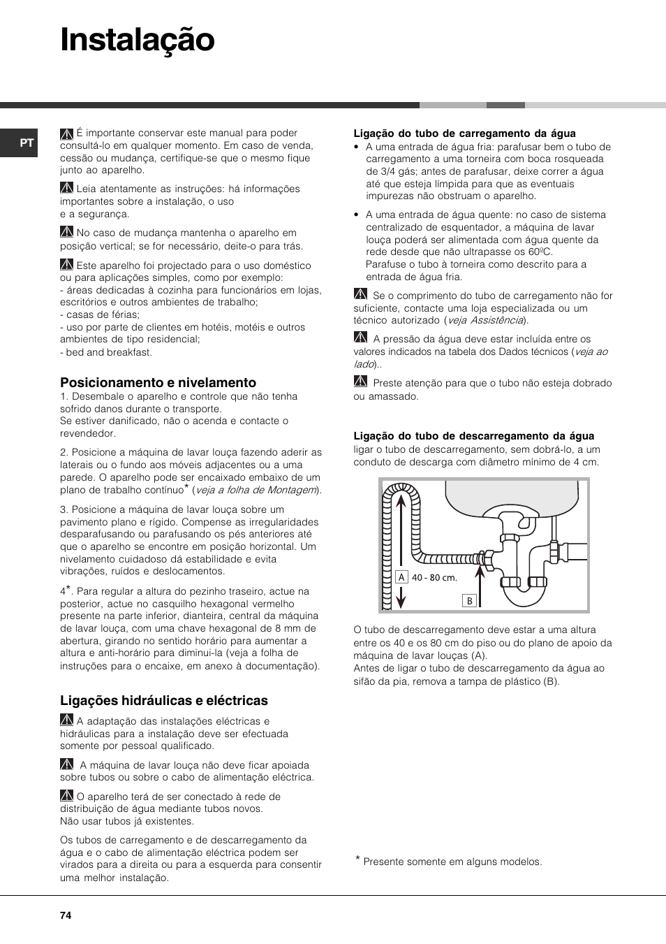 Instalação, Posicionamento e nivelamento, Ligações hidráulicas e eléctricas | Hotpoint Ariston LFTA+ 3214 User Manual | Page 74 / 84