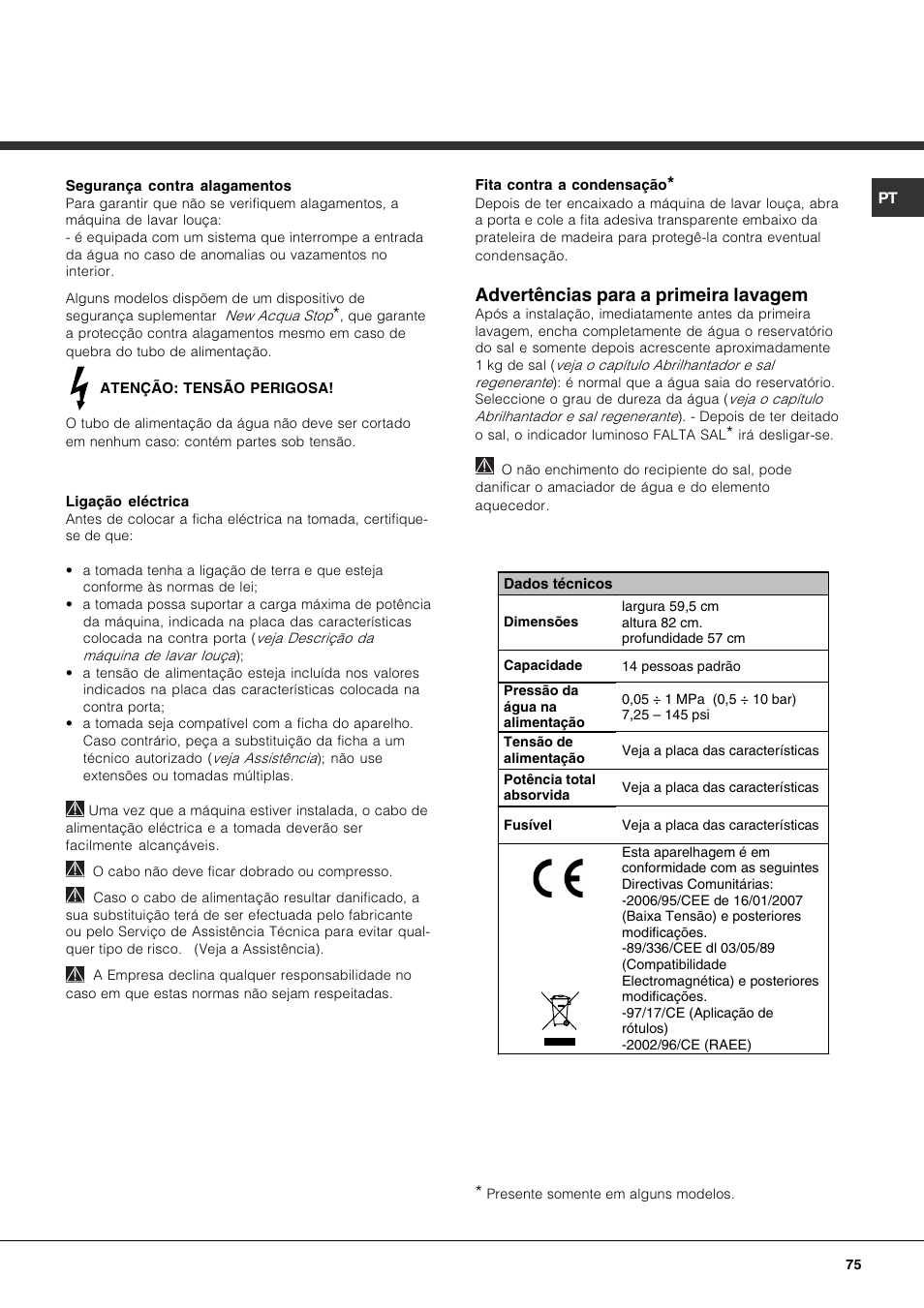 Advertências para a primeira lavagem | Hotpoint Ariston LFTA+ 3214 User Manual | Page 75 / 84