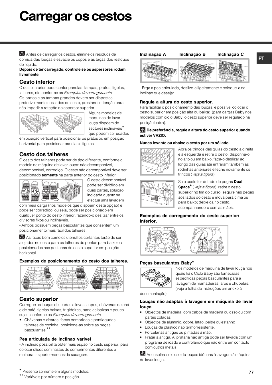 Carregar os cestos, Cesto inferior, Cesto dos talheres | Cesto superior | Hotpoint Ariston LFTA+ 3214 User Manual | Page 77 / 84