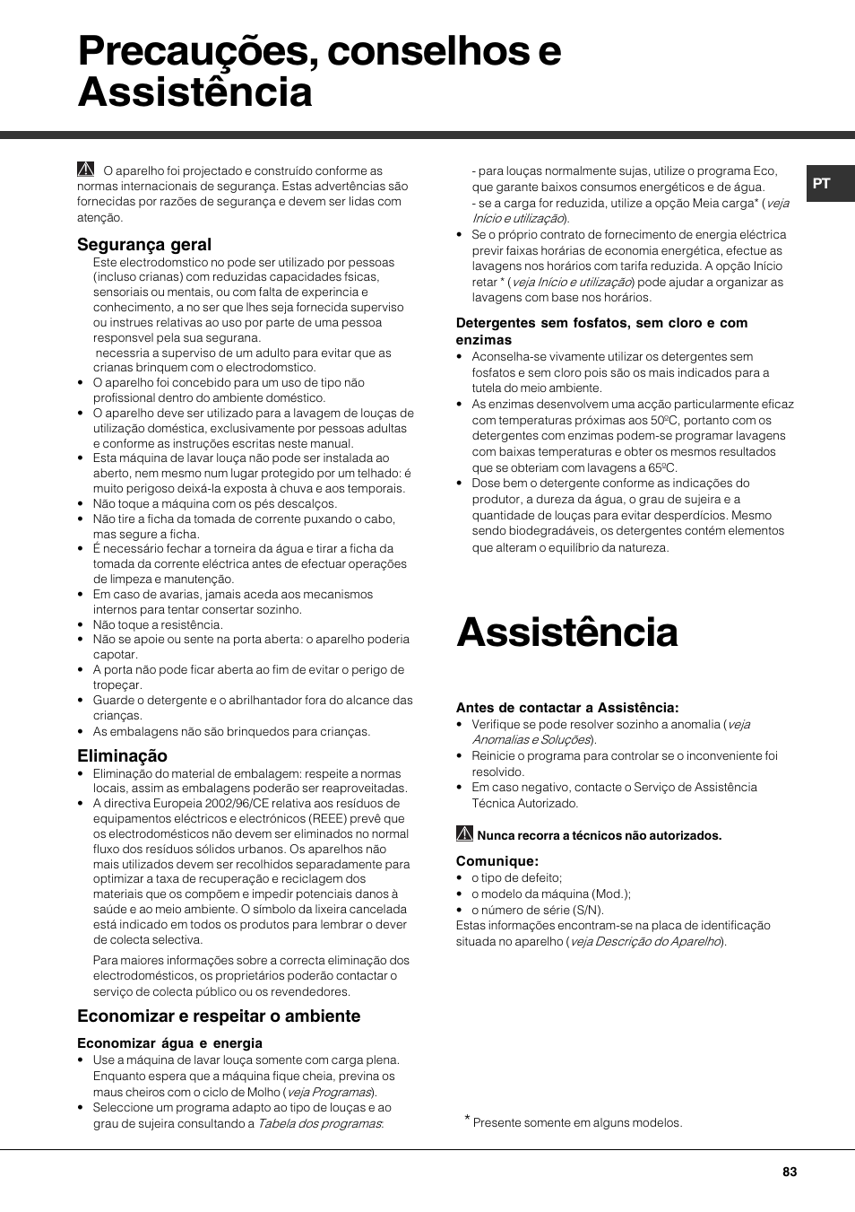 Precauções, conselhos e assistência, Assistência, Segurança geral | Eliminação, Economizar e respeitar o ambiente | Hotpoint Ariston LFTA+ 3214 User Manual | Page 83 / 84