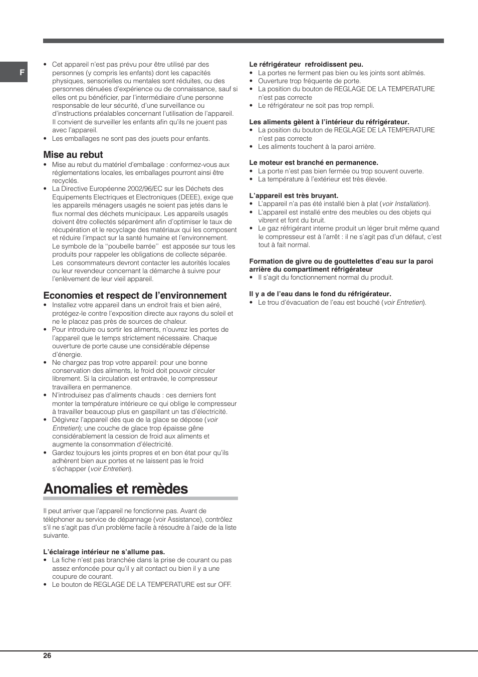 Anomalies et remèdes, Mise au rebut, Economies et respect de l’environnement | Hotpoint Ariston Einturer SDS 1721 J-HA User Manual | Page 26 / 64
