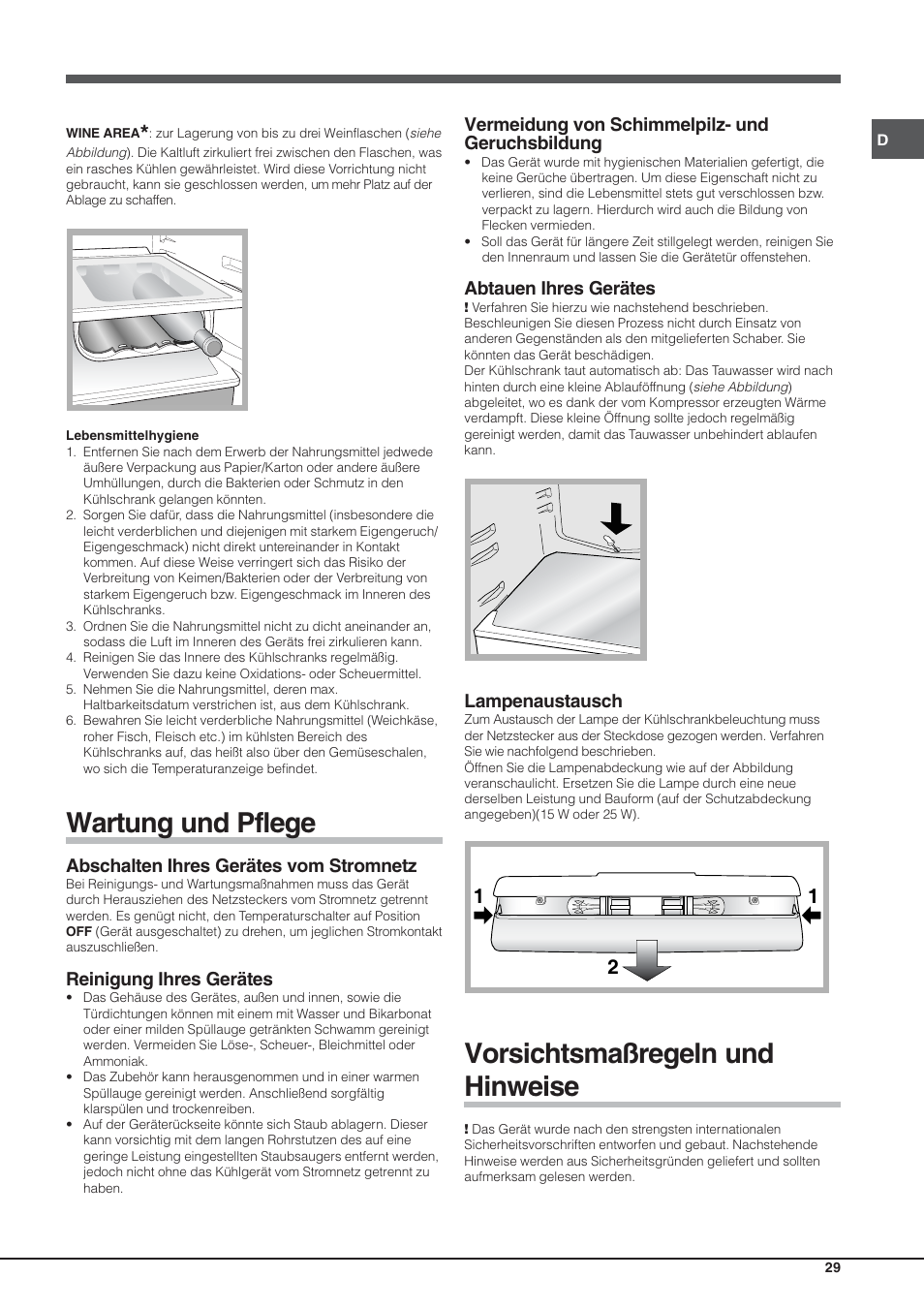 Wartung und pflege, Vorsichtsmaßregeln und hinweise, Abschalten ihres gerätes vom stromnetz | Reinigung ihres gerätes, Vermeidung von schimmelpilz- und geruchsbildung, Abtauen ihres gerätes, Lampenaustausch | Hotpoint Ariston Einturer SDS 1721 J-HA User Manual | Page 29 / 64