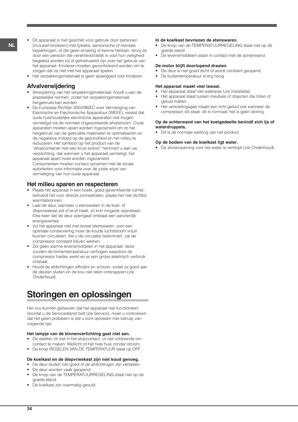 Storingen en oplossingen, Afvalverwijdering, Het milieu sparen en respecteren | Hotpoint Ariston Einturer SDS 1721 J-HA User Manual | Page 34 / 64