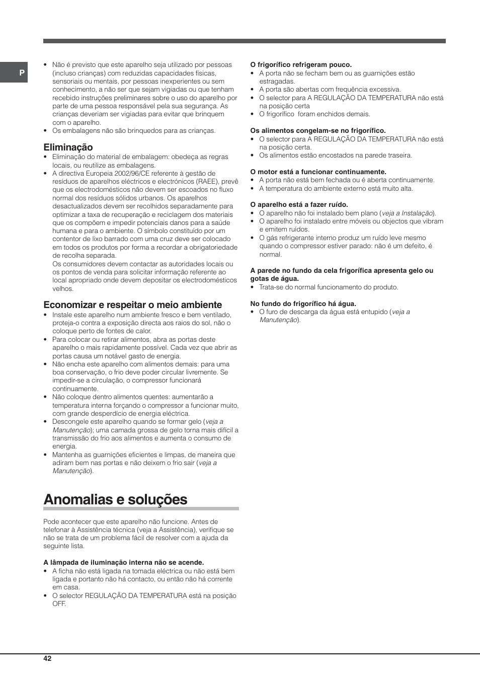 Anomalias e soluções, Eliminação, Economizar e respeitar o meio ambiente | Hotpoint Ariston Einturer SDS 1721 J-HA User Manual | Page 42 / 64