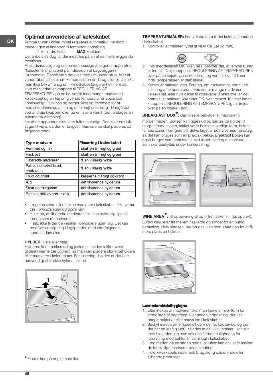 Optimal anvendelse af køleskabet | Hotpoint Ariston Einturer SDS 1721 J-HA User Manual | Page 48 / 64