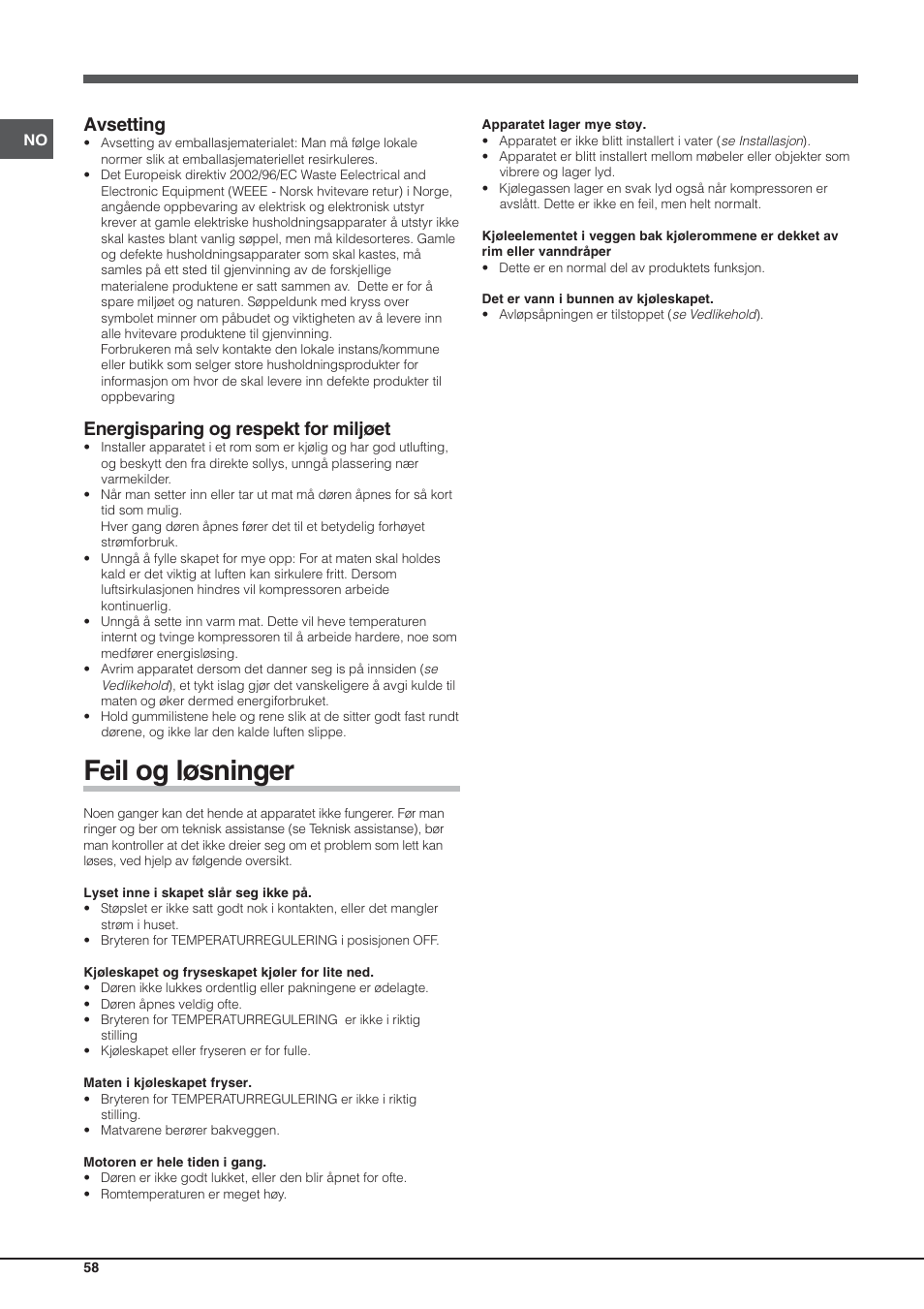 Feil og løsninger, Avsetting, Energisparing og respekt for miljøet | Hotpoint Ariston Einturer SDS 1721 J-HA User Manual | Page 58 / 64