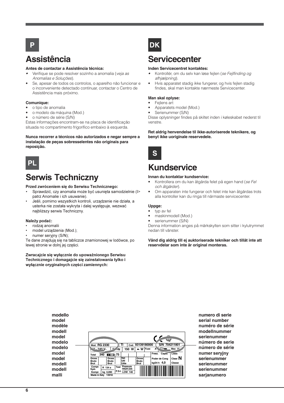 Assistência, Serwis techniczny, Servicecenter | Kundservice | Hotpoint Ariston Einturer SDS 1721 J-HA User Manual | Page 6 / 64