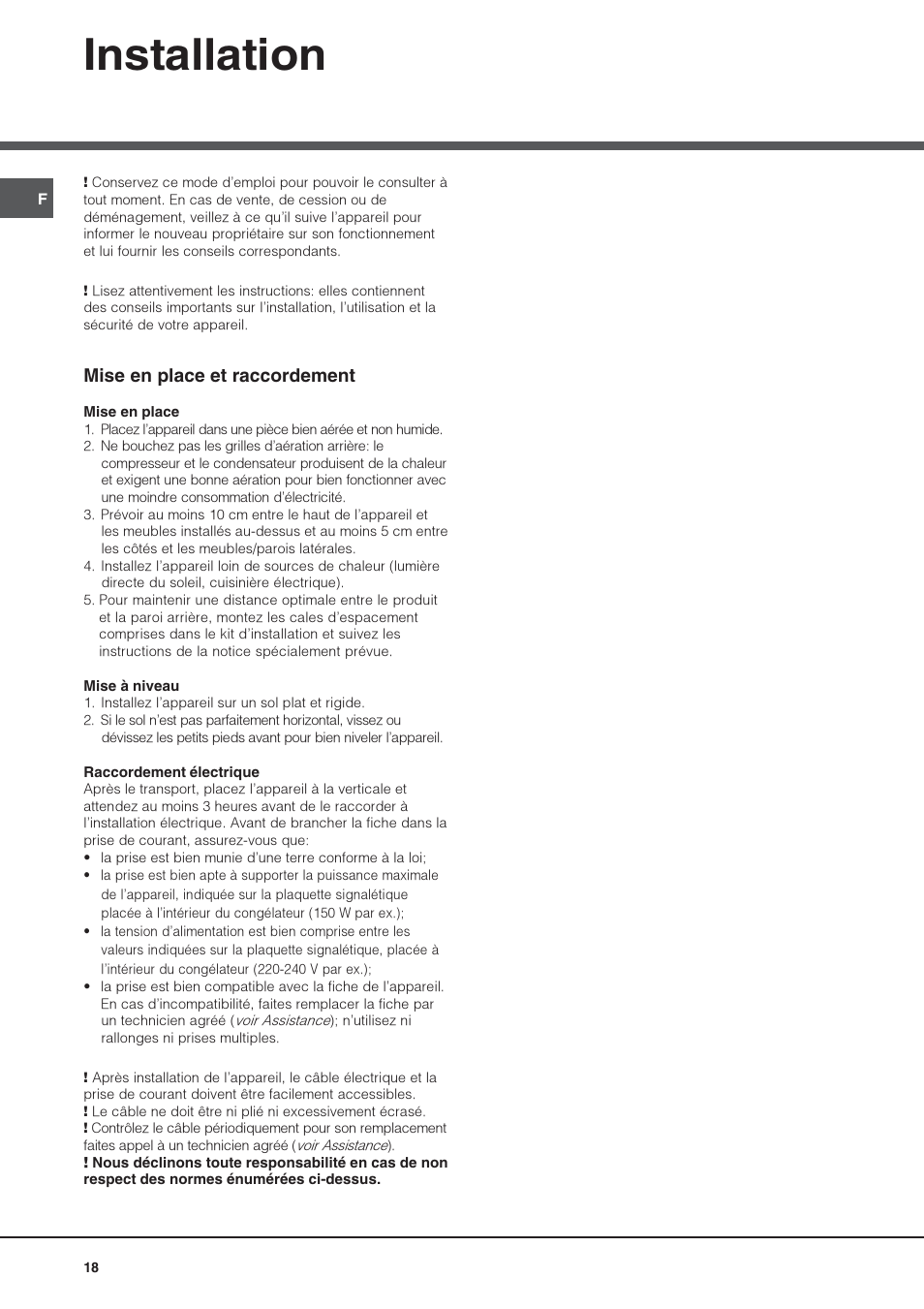 Installation, Mise en place et raccordement | Hotpoint Ariston UPS 1722 F J-HA User Manual | Page 18 / 80