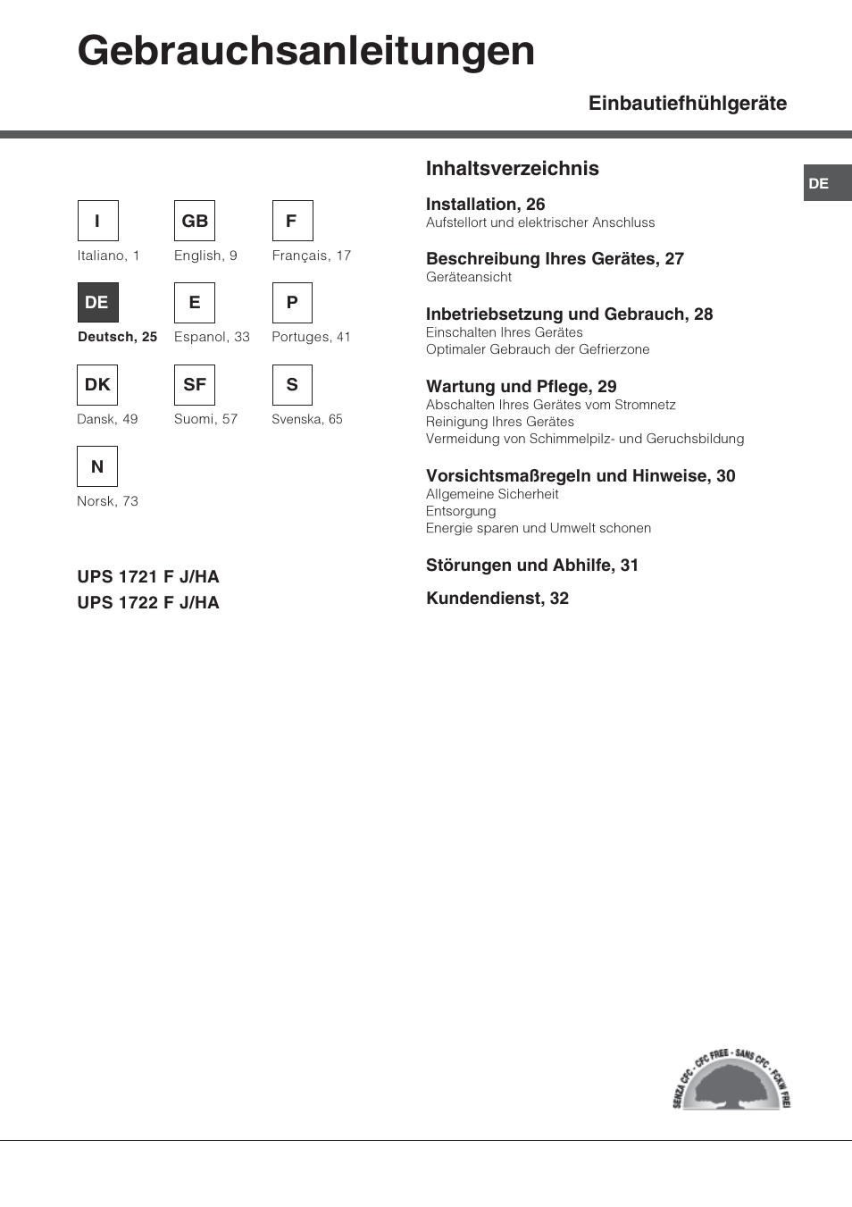 Gebrauchsanleitungen, Einbautiefhühlgeräte inhaltsverzeichnis | Hotpoint Ariston UPS 1722 F J-HA User Manual | Page 25 / 80