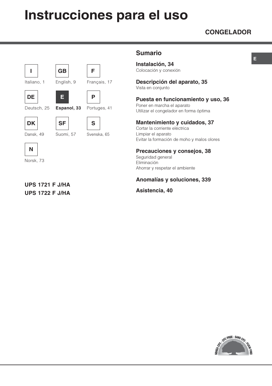 Instrucciones para el uso, Congelador sumario | Hotpoint Ariston UPS 1722 F J-HA User Manual | Page 33 / 80