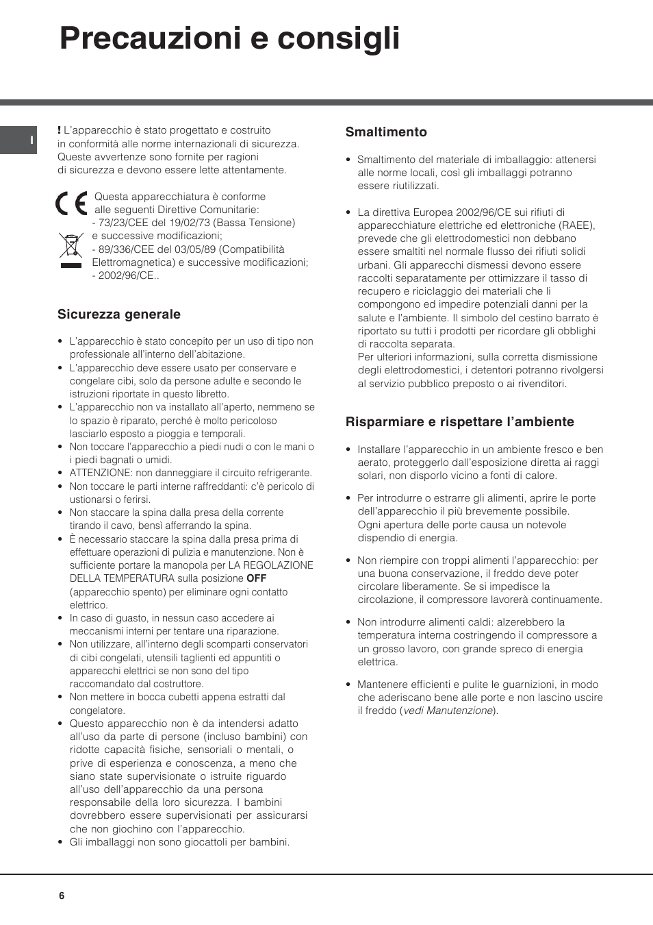Precauzioni e consigli | Hotpoint Ariston UPS 1722 F J-HA User Manual | Page 6 / 80