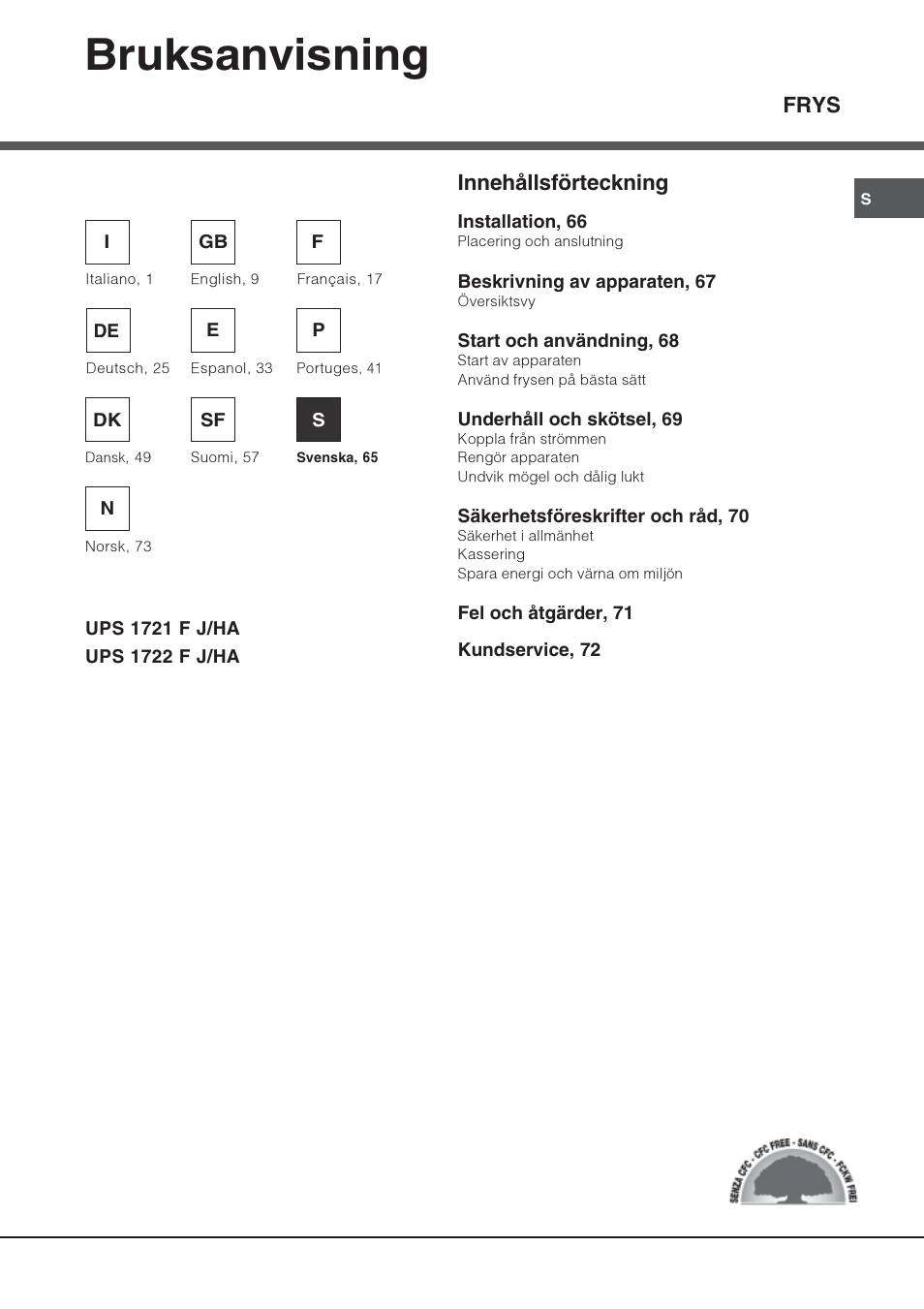 Bruksanvisning, Frys, Innehållsförteckning | Hotpoint Ariston UPS 1722 F J-HA User Manual | Page 65 / 80