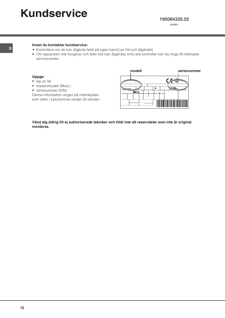 Kundservice, Modell serienummer | Hotpoint Ariston UPS 1722 F J-HA User Manual | Page 72 / 80