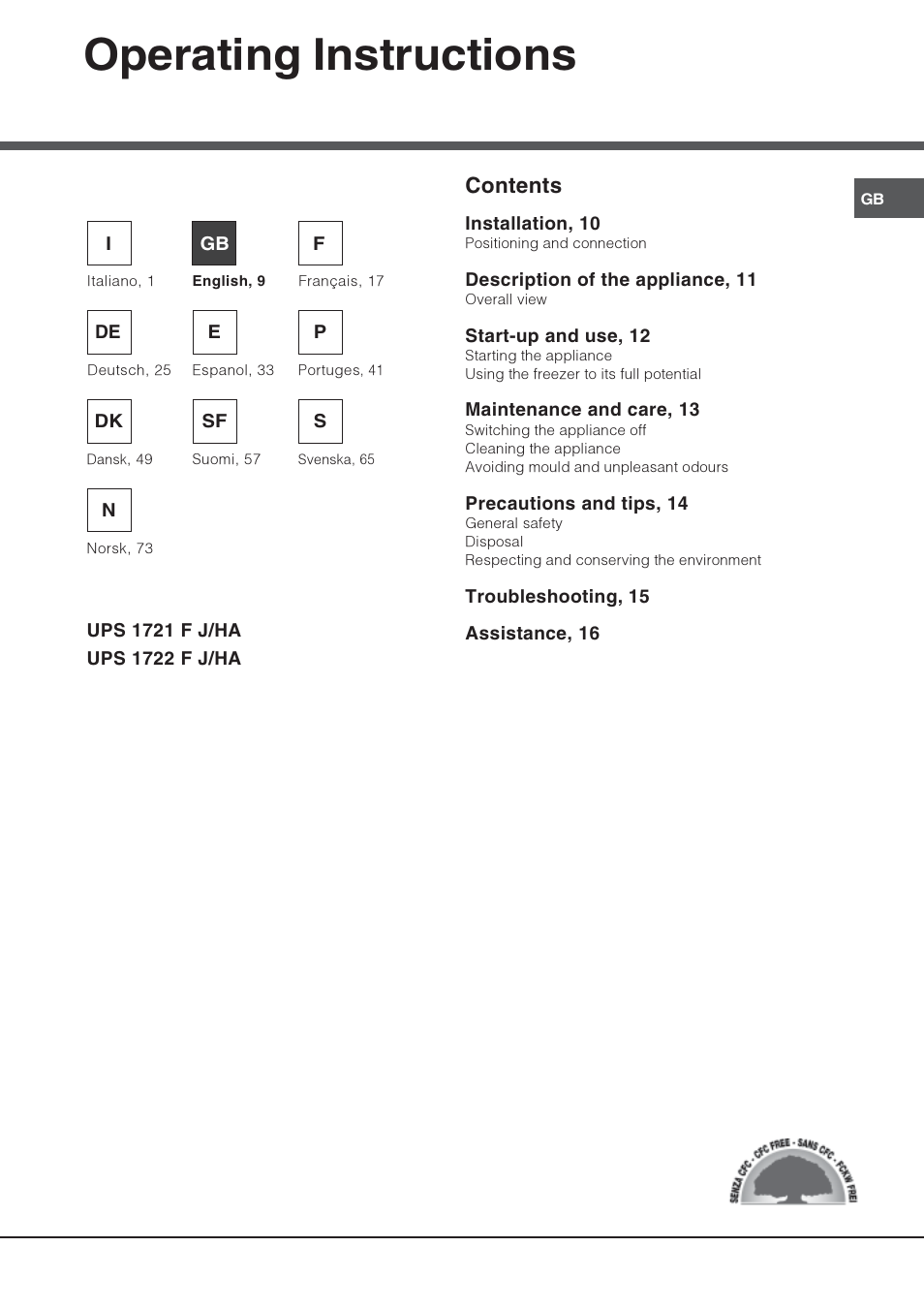 Operating instructions, Freezer contents | Hotpoint Ariston UPS 1722 F J-HA User Manual | Page 9 / 80