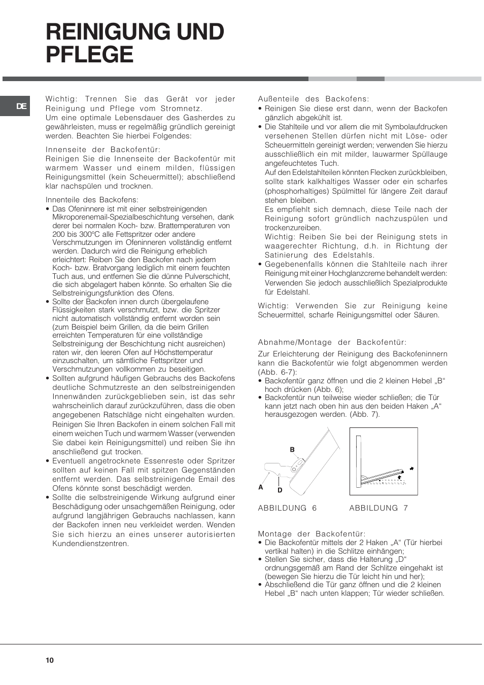 Reinigung und pflege | Hotpoint Ariston CP9VP6 DE HA User Manual | Page 10 / 48